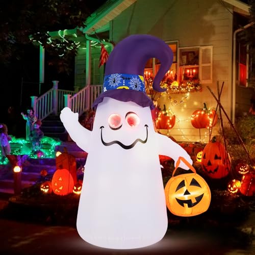 COSTWAY Halloween Inflatable Ghost and Pumpkin, 6ft/8ft Blow up Halloween Decorations with Built-in LED Lights, for Outdoor Indoor Party (White light + Orange Pumpkin)