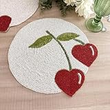 Set of 2, Handmade Spring Beaded placemat, red Heart Cherries