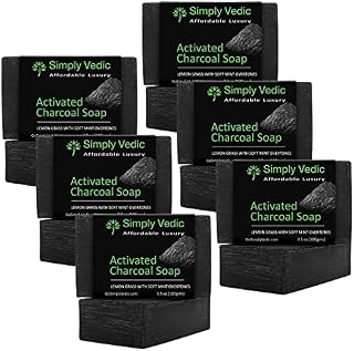 Simply Vedic Black 6-Pack Detoxifying Activated Charcoal with Mint & Lemongrass Soap Bar For Body,Hand,Face. 100%Vegan Cold Pressed With Coconut Oil, For Problem Skin,Detox,Natural Hand-Made(3.5OzX 6)