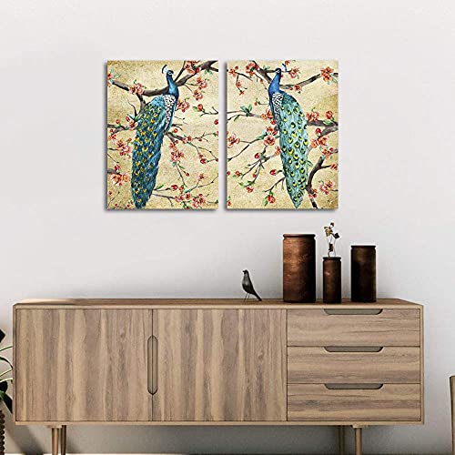 Retro Blue Peacocks Standing On Peach Blossom Tree Canvas Art Painting Elegant Animal For Home Office Wall Decor 2 Panels (12X16Inch, Framed) #TOP1