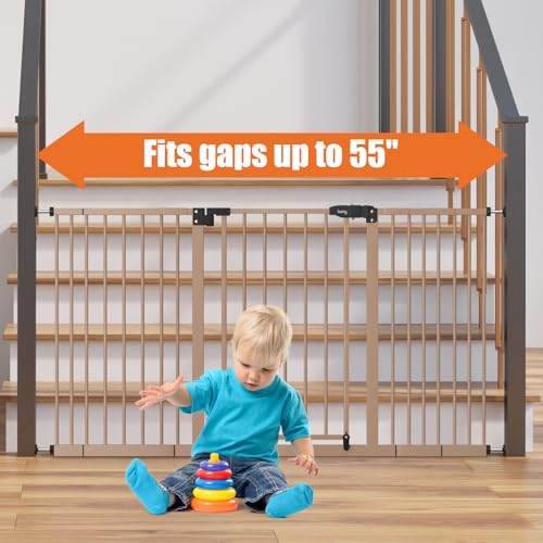 Image of keny 29 inch-55 inch Extra Wide Baby Gate, Pressure Mounted No Drilling Dog Gate | for Stairs Doorways, Easy Walk Through Safety Gate for Babies or Pets, 30 inch Tall, Brown