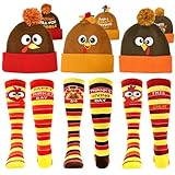 LUKBERA 6 Pcs Thanksgiving Turkey Trot Costume Set - 3 Pcs Turkey Hat & Running Socks, Autumn Fall Beanie Hats & Mid-Calf Socks for Women & Men