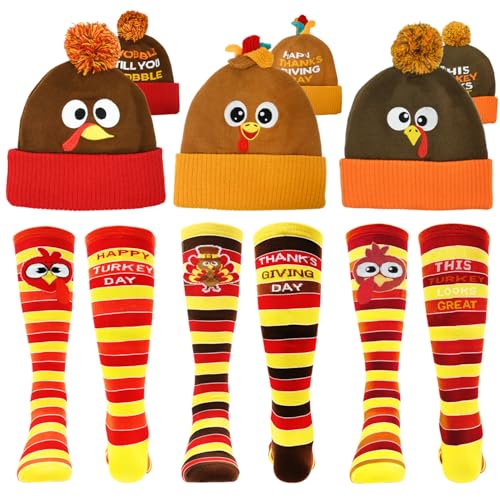 LUKBERA 6 Pcs Thanksgiving Turkey Trot Costume Set - 3 Pcs Turkey Hat & Running Socks Autumn Fall Beanie Hats & Mid-Calf Socks for Women & Men