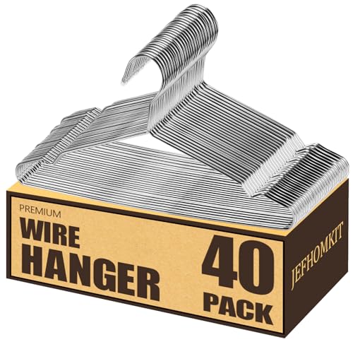 JEFHOMKIT Confezione da 40 grucce in filo metallico, resistenti, in metallo argentato, appendiabiti in acciaio inox con tacca antiscivolo, ultra sottili, salvaspazio, 40 cm