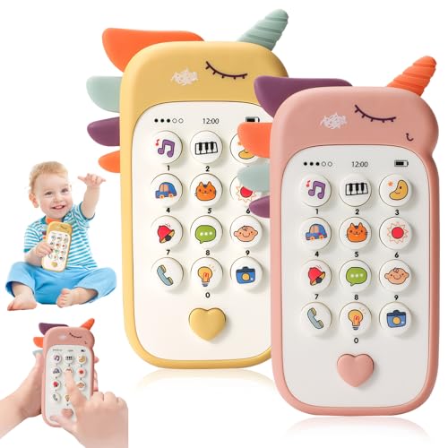 MADGININE Toy Phone 2 PCS Gift for 1 Year Old Girl Baby Phone Toy Phone for 1 Year Old Toys Mobile Phone Music Learning Education Mobile Phone Toys for Boy and Girl(Pink & Yellow)