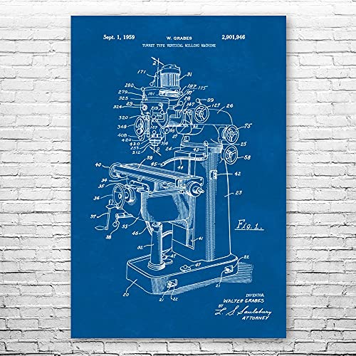 Vertical Milling Machine Poster Print, Garage Wall Art, Contractor Gifts, Workshop Decor, Furniture Maker, Dad Gift Blueprint (8 inch x 10 inch)