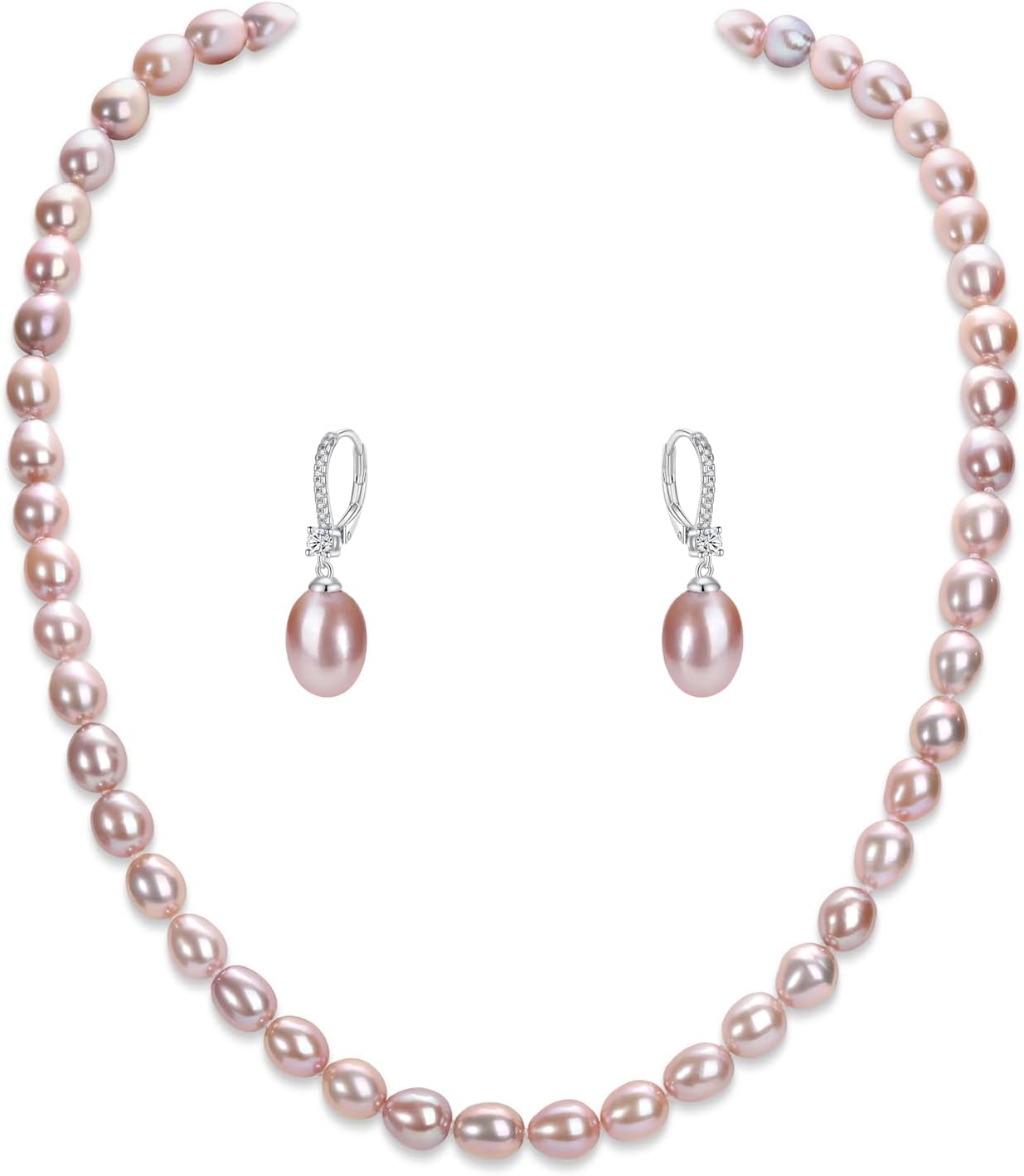 Pearl Necklace And Earrings Set Freshwater Pink/White/Black Pearl Necklace and Drop Earrings Jewelry Set For Women, Natural Cultured Near-Round Pearl Beads,925 Sterling Silver, Luxury Pearl Jewelry Gift For Mother/Wife