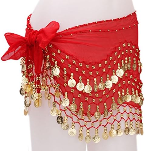 Girl Cotton Blend Imported 1Pc Belly Dance Belt Hip Scarf Wrap Belt Above the Knee Skirt With 128 Gold Coins - Red