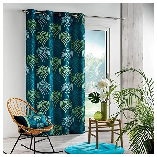 Douceur d'Intérieur, Rideau à Oeillets (140 x 260 cm) Blue Vegetal Bleu, Polyester Imprimé