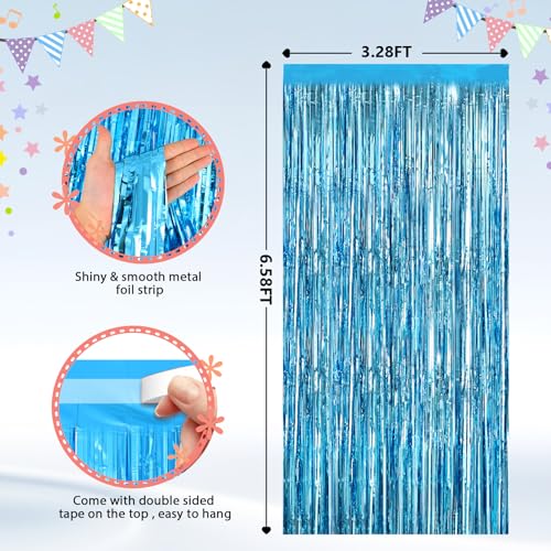 Image of GCB 2Pack Blue Metallic Tinsel Foil Fringe Curtains, Blue Door Streamers Photo Booth Backdrop for Birthday Party, Tinsel Curtain Backdrop for Baby Shower Bachelorette Xmas Party Decorations