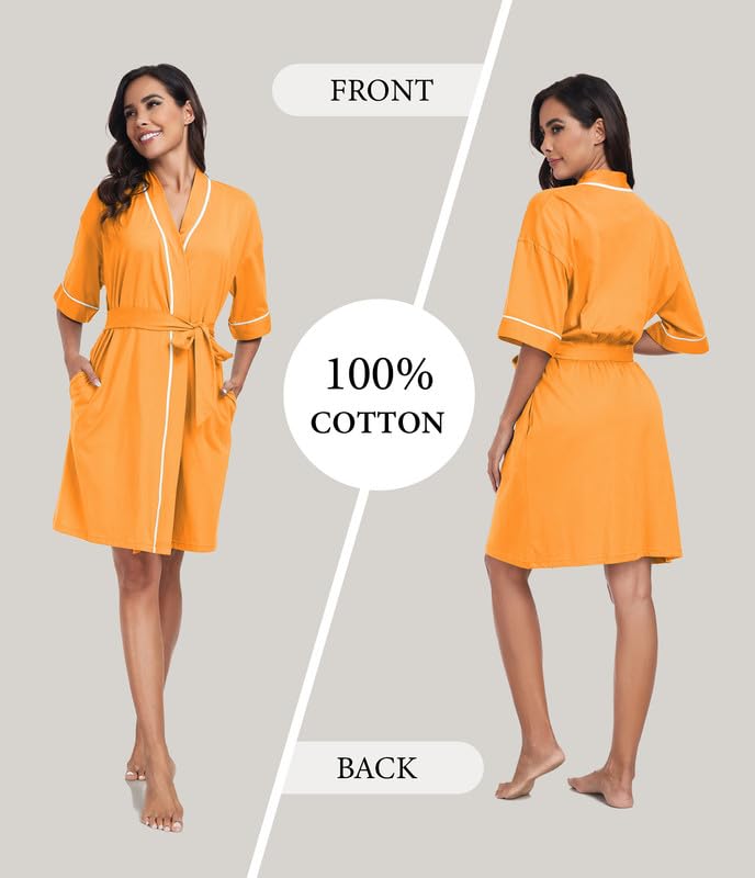 Image of ANLIQI Womens 100% Cotton Robes Lightweight Summer Short Sleeve Lady Bathrobe Knee Length Kimono Robe Sleepwear with Pockets