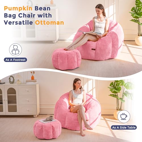 Image of MAXYOYO Giant Bean Bag Chair with Ottoman, Pumpkin-Shaped Bean Bag Sofa with Footstool, Oversized Boneless Couch Chair in a Box, Comfy and Lazy Lounge for Dorm, Living Room, Bedroom, Pink