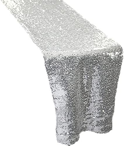 DOLELAI Table Decoration Hotel Wedding Tablecloth Decorative Polyester Full Version Beads Embroidered Rose Gold Sequins Table Flag (Color : Silver, Size : 30cm220cm/0.12kg)