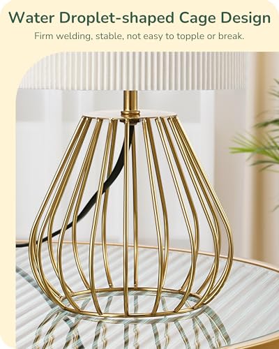 EDISHINE Table Lamp, Gold Water Droplet Shaped Metal Cage Base & Cream Coloured Pleated Lampshade, E14 Socket, 60W Bedside Lamp for Bedroom, Living Room, LED Bulb Included, 29CM - Image 2