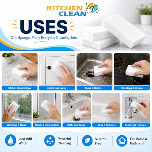 Kitchen Clean® Magic Eraser Sponge, Pack of 4 | Wall & Kitchen Cleaning Sponge, Bathroom Tiles, Pencil Marks, Tap Stains & Lime Scale 1