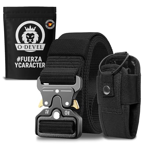 O-DEVEL Cinturón Táctico Hombre con Funda Walkie Talkie MOLLE, Cinturón de Trabajo Seguridad, Ajustable 42-56 EU, Ropa Táctica Hombre, uso Militar y Policial, Senderismo y Airsoft