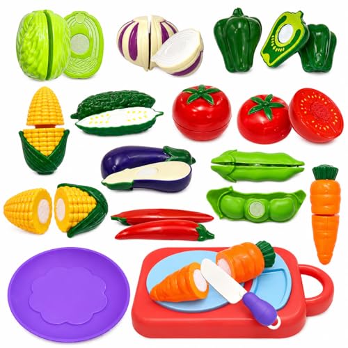Image of PLUSPOINT Vegetable Cutting Toy Set for Kids, Pretend Play Kitchen Toys with Slicing Veggies, Toddler Learning Toys, Educational Play Food Set with Knife & Cutting Board, Gift for Boys Girls