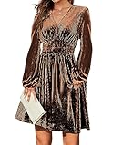 Zeagoo Womens Fall Wedding Guest Dress 2023 Long Sleeve Mini Dress Soft Velvet Dress Party Evening Club Dress,Caramel,Large