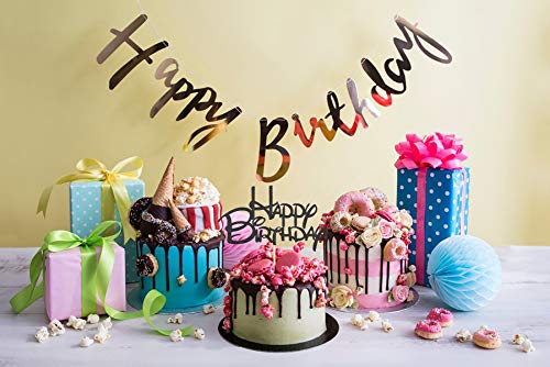 Black Happy Birthday Cake Topper - Black Glitter Birthday Party Cake Decoration Supplies, Cake Smash Decoration Photo Booth Props, Black Paper Cake Topper Flags Sign #TOP6