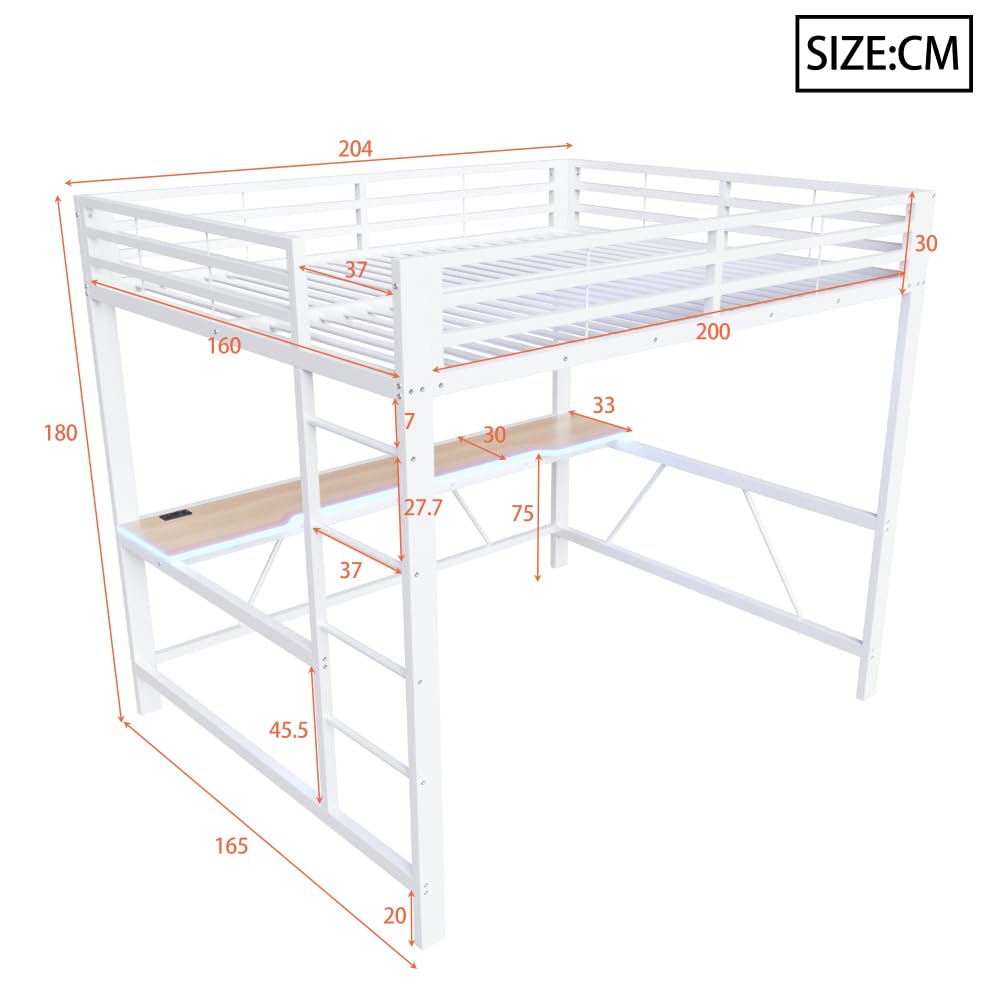 Letto a soppalco 160x200 con striscia led,USB,letto a castello bambini con scrivania Salvaspazio,rete letto in metallo da gioco con sponda,Senza materasso,atto a camere da letto,ecc(Bianco)