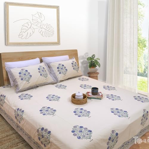 Image of TOAI Hand Block Printed Bedsheet | Bed Spread Flatsheet Bed Sheet | Pure Cotton | King Size 108 inchx108 inch | 300 TC Long Staple Cotton | 2 Reversible Pillow Covers |Mughal Motif on Beige