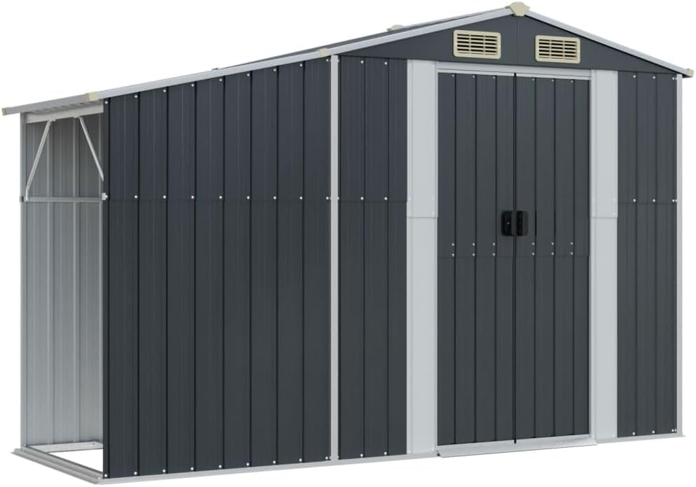 Assembled garden shed with an open side extension