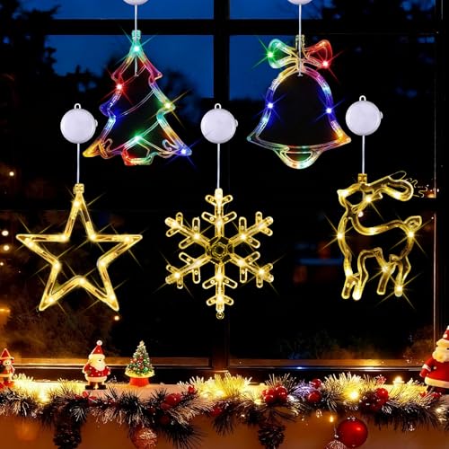 nnOuOnn 5PCS Christmas Window Lights Suction Cup LED Christmas Lights Window Decorations (Deer Christmas Tree Snowflakes Star Bells) Indoor Window Fairy Lights for Outdoor Party Balcony Decor