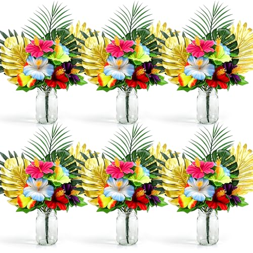 Fovths 6 Pack Hawaiian Flower Centerpieces with Mason Jars Artificial Hibiscus Bouquet Monstera Palm Leaves Tropical Mason Jars Centerpieces for Table Luau Jungle Beach Party Decorations