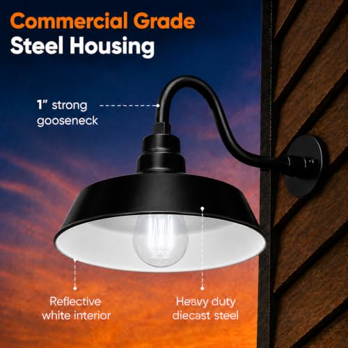 Image of 14in. Satin Black Outdoor Gooseneck Barn Light Fixture with 10in. Long Extension Arm - Wall Sconce Farmhouse, Vintage, Antique Style - UL Listed - 9W 900lm A19 LED Bulb (5000K Cool White)