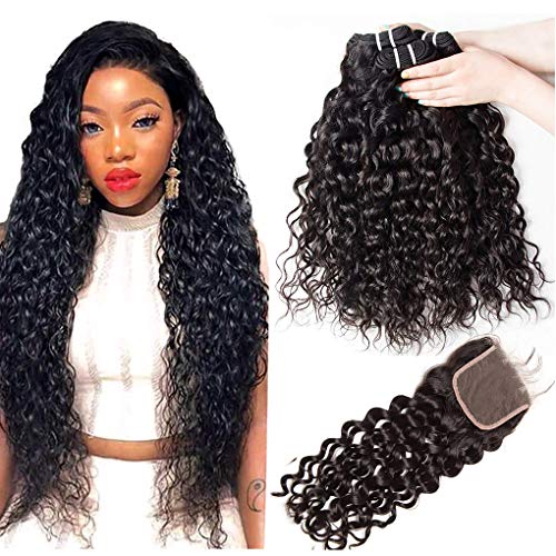 Human Hair Bundles with Closure Yavida Brazilian Water Wave Wet and Wavy Bundles 100% Unprocessed Remy Hair 18 20 22+16 1B#