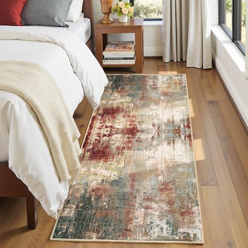 Washable Area Rugs 2'x8' Non-Slip Modern Abstract Soft for Living Room Entryway Bedroom Nursery, Print Pattern, Brown Rust Red Multi