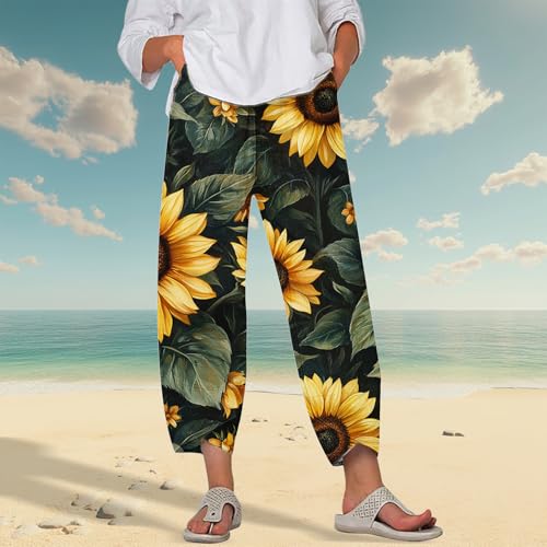 Image of DMOYALA Linen Pants for Women Summer Casual Wide Leg Capri Pants Loose Fit Palazzo Pants Cropped Beach Pants with Pockets