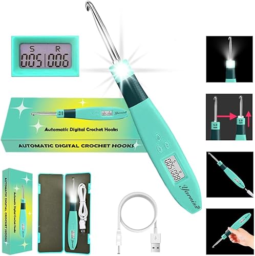 Yarniss Ganchos de ganchillo automáticos de puntada con luz, ganchos de ganchillo iluminados con cabeza de metal de 0.236 in