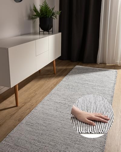 benuta Basic handgewebter Baumwollteppich Ron - Beige/Schwarz 70x200 cm - Handwebteppich 100% Baumwolle - Läufer im Stil: Uni, Minimalistisch, Natural Living - Pflegeleicht für Wohnzimmer Schlafzimmer