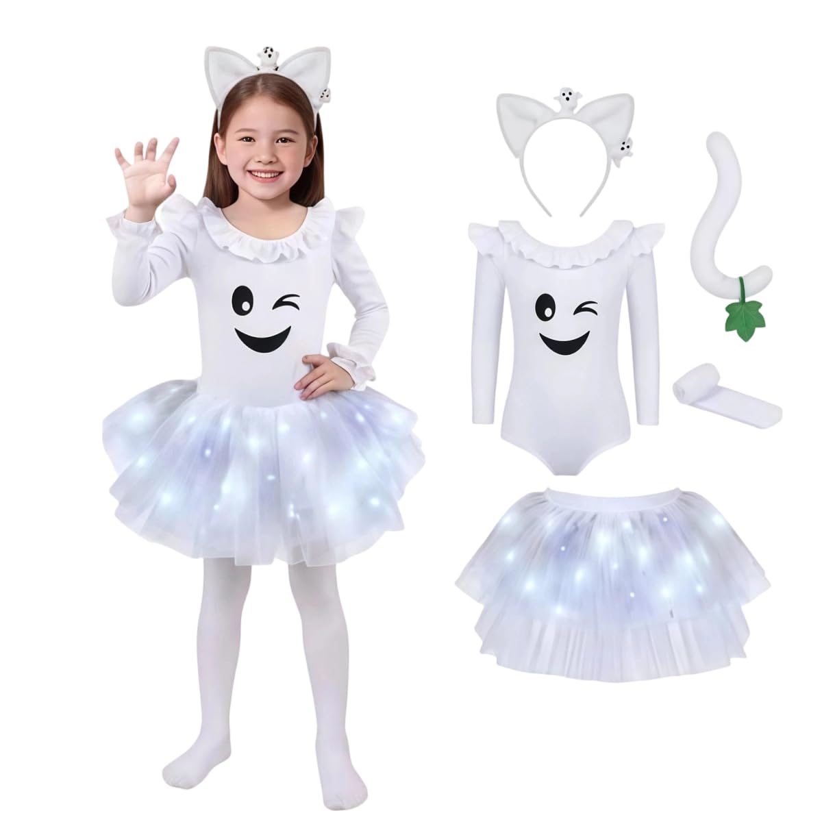 Girls Halloween Costume Light Up Tutu Skirt 5-Piece Set Fancy Dress White โ image 1