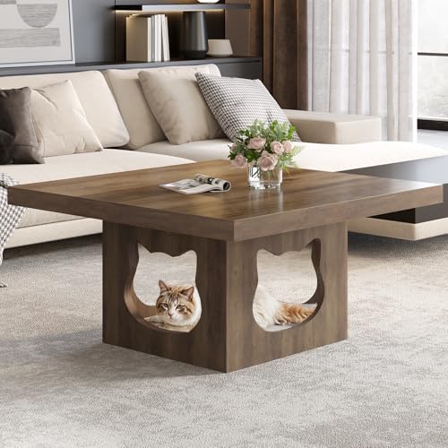 HSH Square Coffee Table, Rustic Wood Coffee Table for Living Room, Farmhouse Center Table with Cat House Cushion, Industrial Storage Cocktail Table for Home Office Bedroom, Rustic Oak, 90 cm