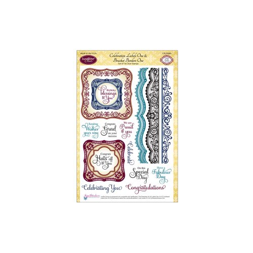 Justrite 16-Piece Papercraft Clear Stamp Set, 6 by 8-Inch, Celebrations Labels