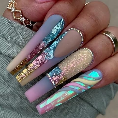Long Press on Nails Coffin Fake Nails Full Cover Glue on Nails with Colorful Sequins Designs Extra Long Acrylic Stick on Nails Rhinestones Matte with False Nails for Women 24 Pcs Cover