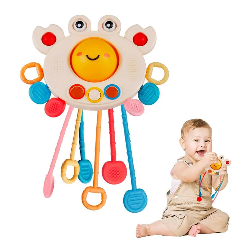 Image of Kidology Baby Pull String Teething Toy - Montessori Sensory s, Food Grade Silicone Crab, Travel Toy for Babies, Motor Skills Development, Washable Teether Toys - for 6+ Months Boys & Girl