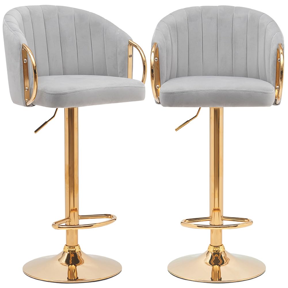 BAKAJI Set 2 Sgabelli da Cucina con Altezza Regolabile e Rivestimento in Tessuto, Sedie da Bar, Ristoranti, con Struttura Oro e Poggiapiedi, Sgabello Girevole Schienale Comfort Imbottito (Grigio)