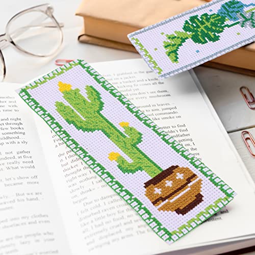 Caydo 3 Pcs Cross Stitch Bookmark Kits, Stamped Embroidery Bookmark Kit For Kids Adults Beginner, Diy Counted Crossstitch Christmas Gift For Book Lovers(Green Plants) #TOP6