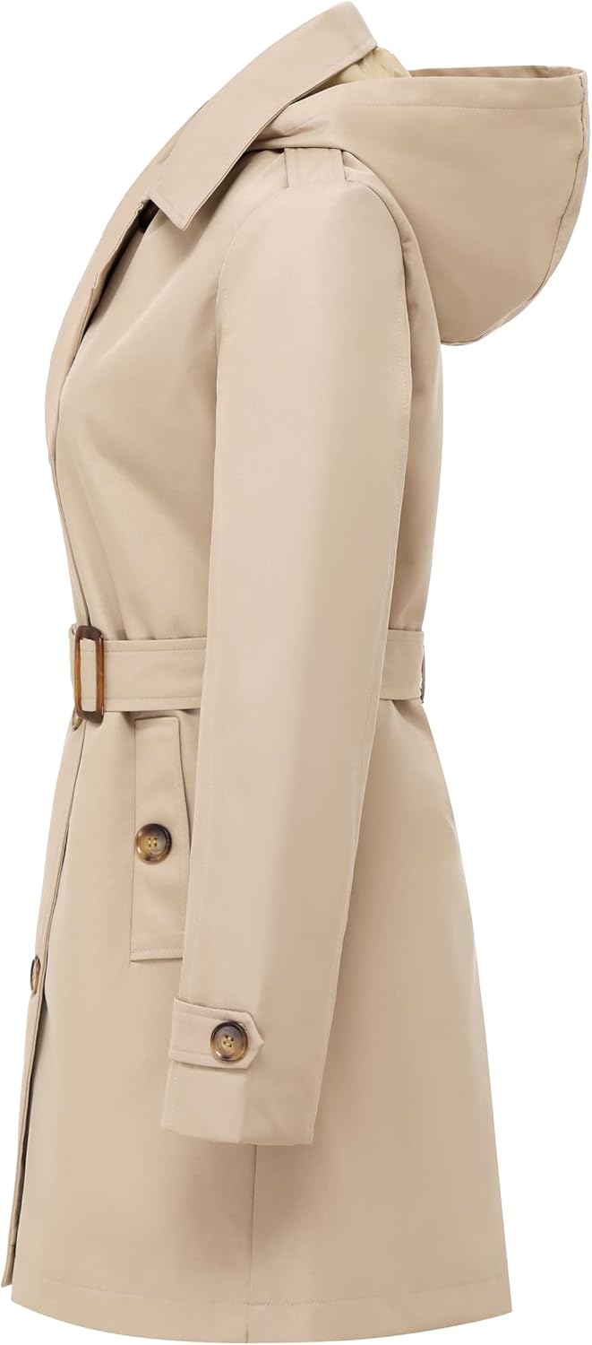 Chrisuno Women's Double Breasted Trench Coats Mid-Length Belted Overcoat Long Dress Jacket with Detachable Hood - Image 3