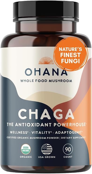 Ohana Chaga, Organic Mushrooms Blend, USDA-Organic Whole Food Mushroom Supplement, Non-GMO, Gluten-Free, 90-Capsule Bottle, Pack Of 1