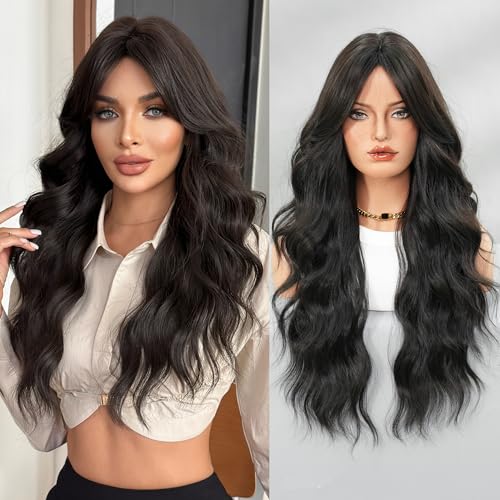 PARK YUN Black Wig for Women 26 Inch Long Wavy Synthetic Heat Resistant Natural Looking Middle Part Wig with Curly Wavy Texture for Daily & Party Use