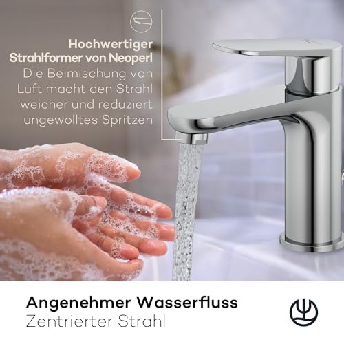 KLUDI-X1 Niederdruck Waschtischarmatur, Auslaufhöhe 95 mm, wassersparender Wasserhahn Bad Größe M, Keramikkartusche, Mischbatterie Waschbecken inkl. 3 Anschlussschläuchen (Boiler Zu-und Rücklauf)