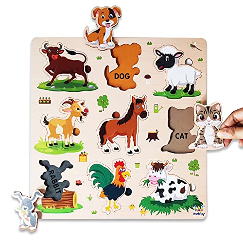 Image of Webby Wooden Farm Animals Montessori Educational Pre-School Puzzle Board Toy for Boys and Girls, Kid