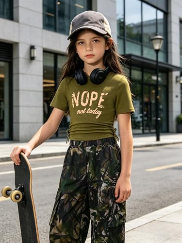 AMAWMW Girls Clothes Summer Outfits Short Sleeve Letter Print Ruched Tops and Cargo Pants Set Kids Clothing Army Green 7-8Y — view 4