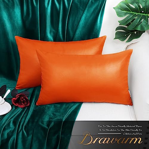 Image of BRAWARM Pack of 2 Cozy Bolster Pillow Covers Cases for Couch Sofa Bed Solid Faux Leather Soft Luxury Cushion Covers Both Sides Home Decoration 12 X 20 Inches Orange Rust