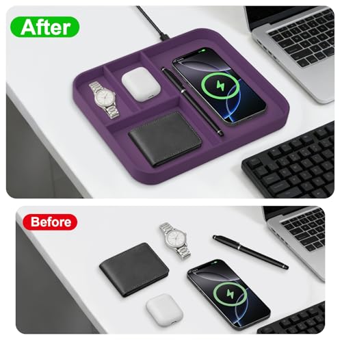 VOVIPO Faux Leather Valet Tray,with 2 in 1 Wireless Charging Compitable With iPhone/17/16/15/15 Plus/15 Pro/15 Pro Max/14/13/12/Wireless earphones,Office/Home Desk Organizers Tray-Purple