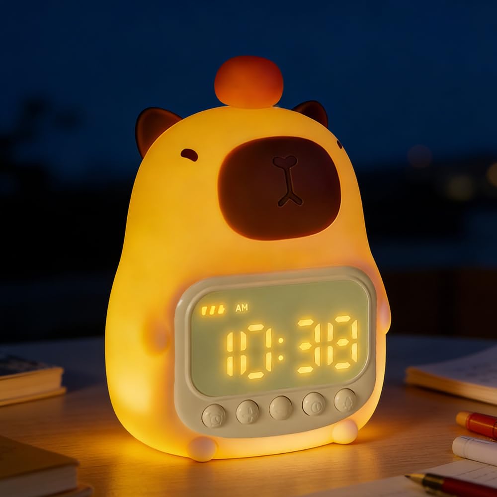 Capybara Alarm Clock with Night Light, Rechargeable Bedside Clock with 2 Alarms, 12/24H Display, Calendar, Snooze & 8 Volume Levels, Cute Silicone Capybara Night Light for Bedroom